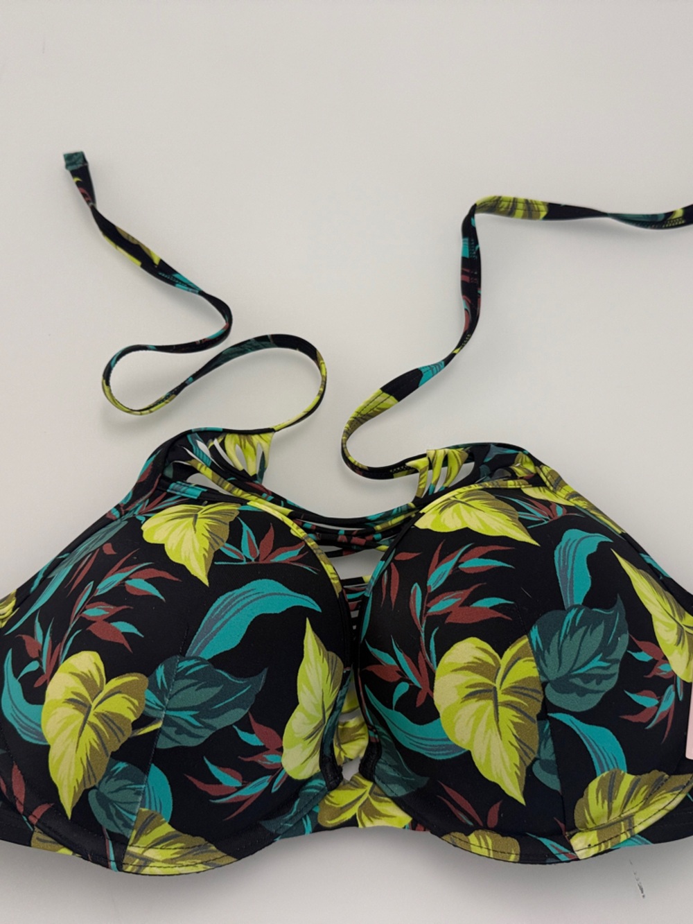 Victoria secret swim Print Halter Bikini Top - Black with Lime & Teal Leaves